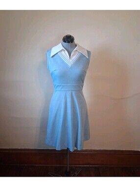 1970s Vintage Dress, Preppy Collared Polyester Mod/gogo Tennis Mini, Size S